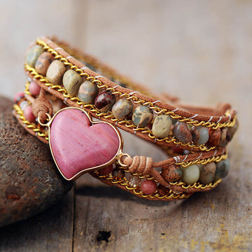 Natural Stone Heart Bracelet – 3-Layer Hand-Woven Leather Friendship Cuff