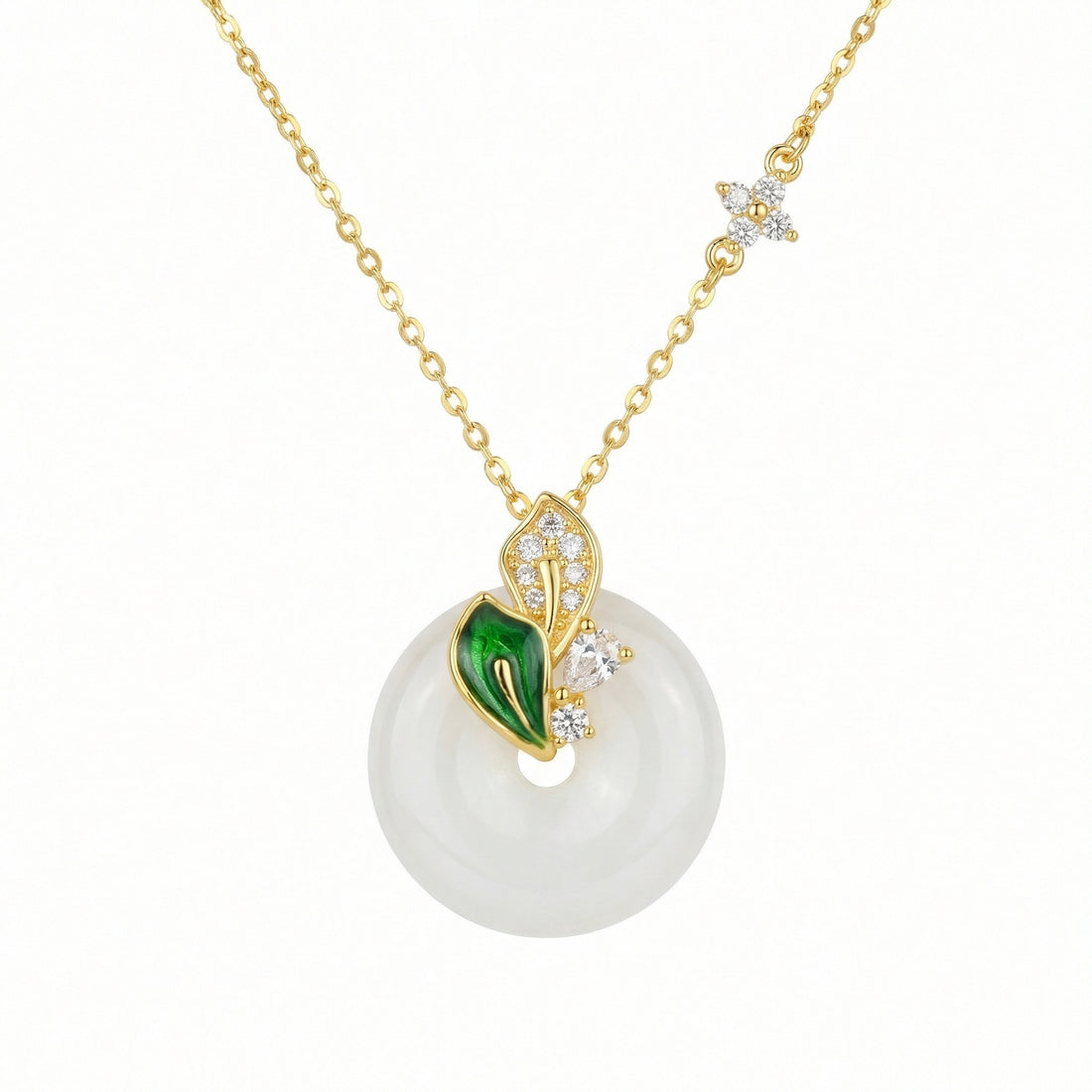Hetian White Jade Disc Necklace — 925 Sterling Silver | Green Enamel Leaf