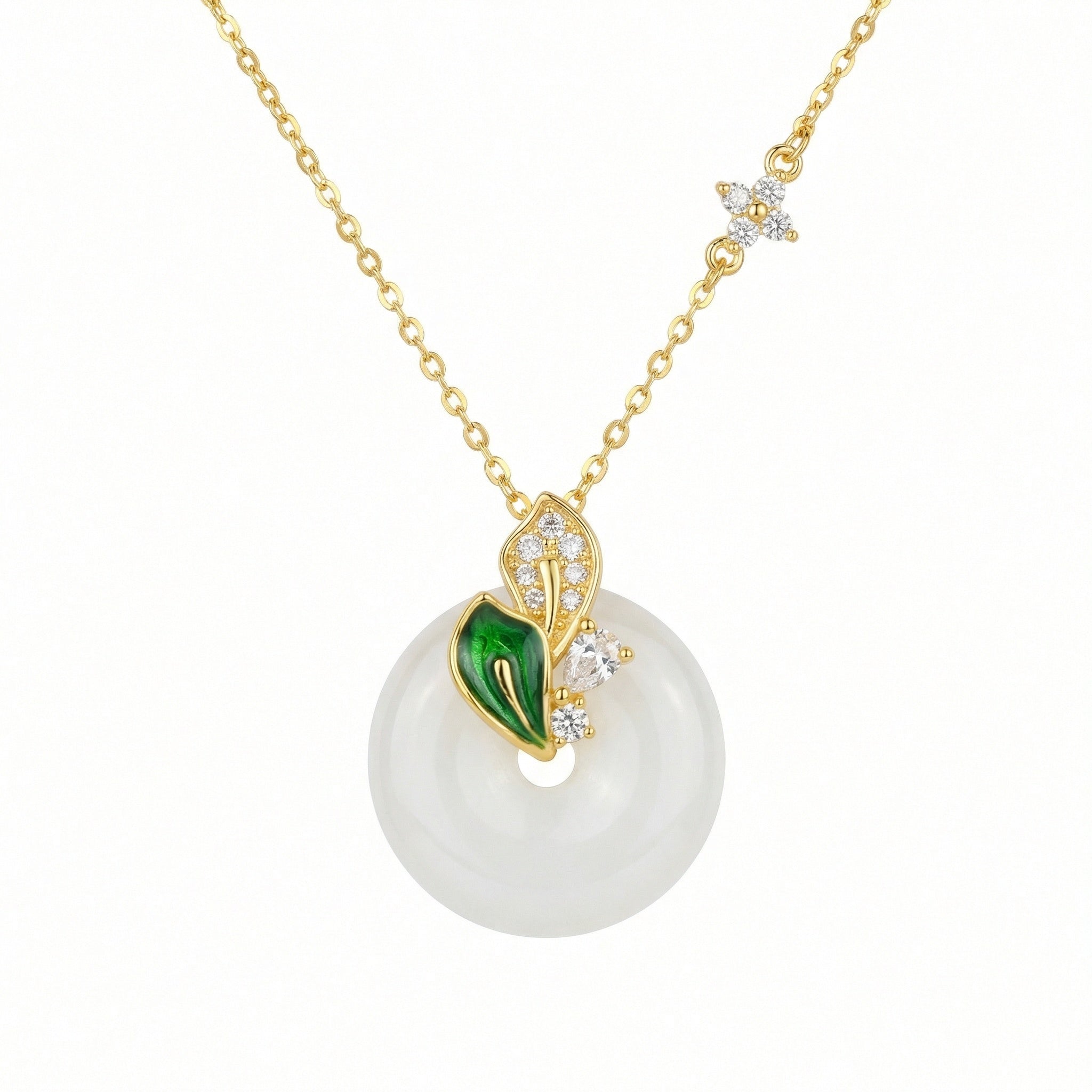 Hetian White Jade Disc Necklace — 925 Sterling Silver | Green Enamel Leaf