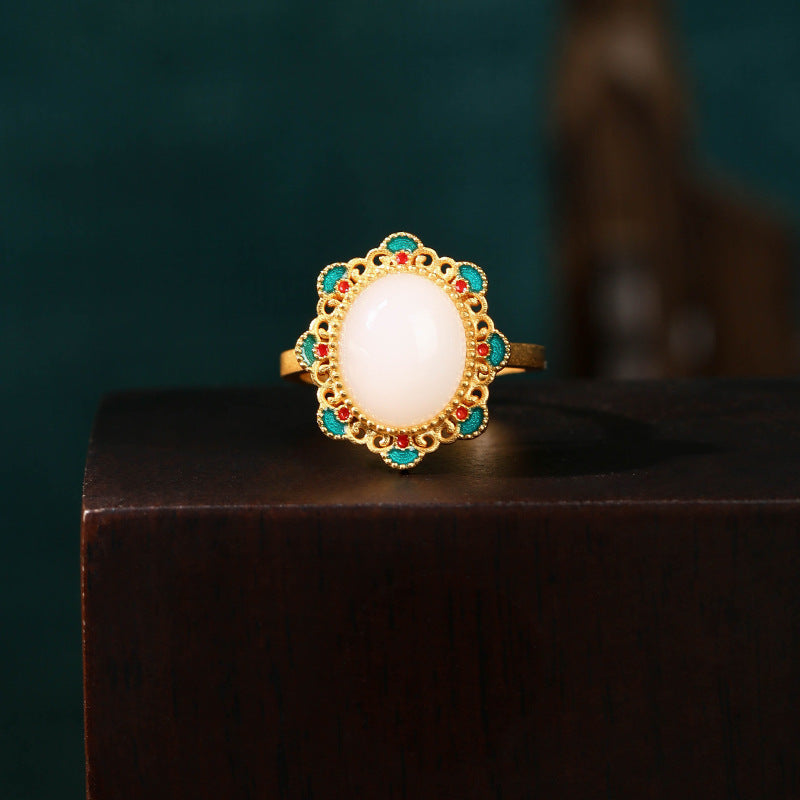 Ancient Gilding Craft Enamel Flower Jade Ring Adjustable