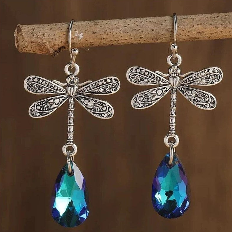 Dark Night Engraved Dragonfly Sapphire Water Drop Earrings