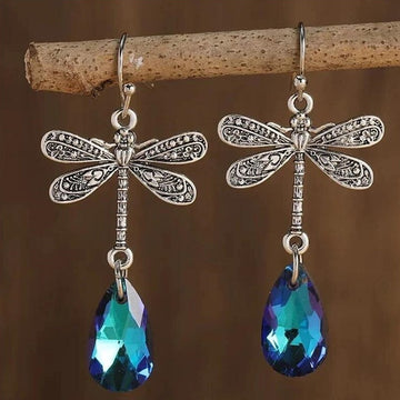 Dark Night Engraved Dragonfly Sapphire Water Drop Earrings