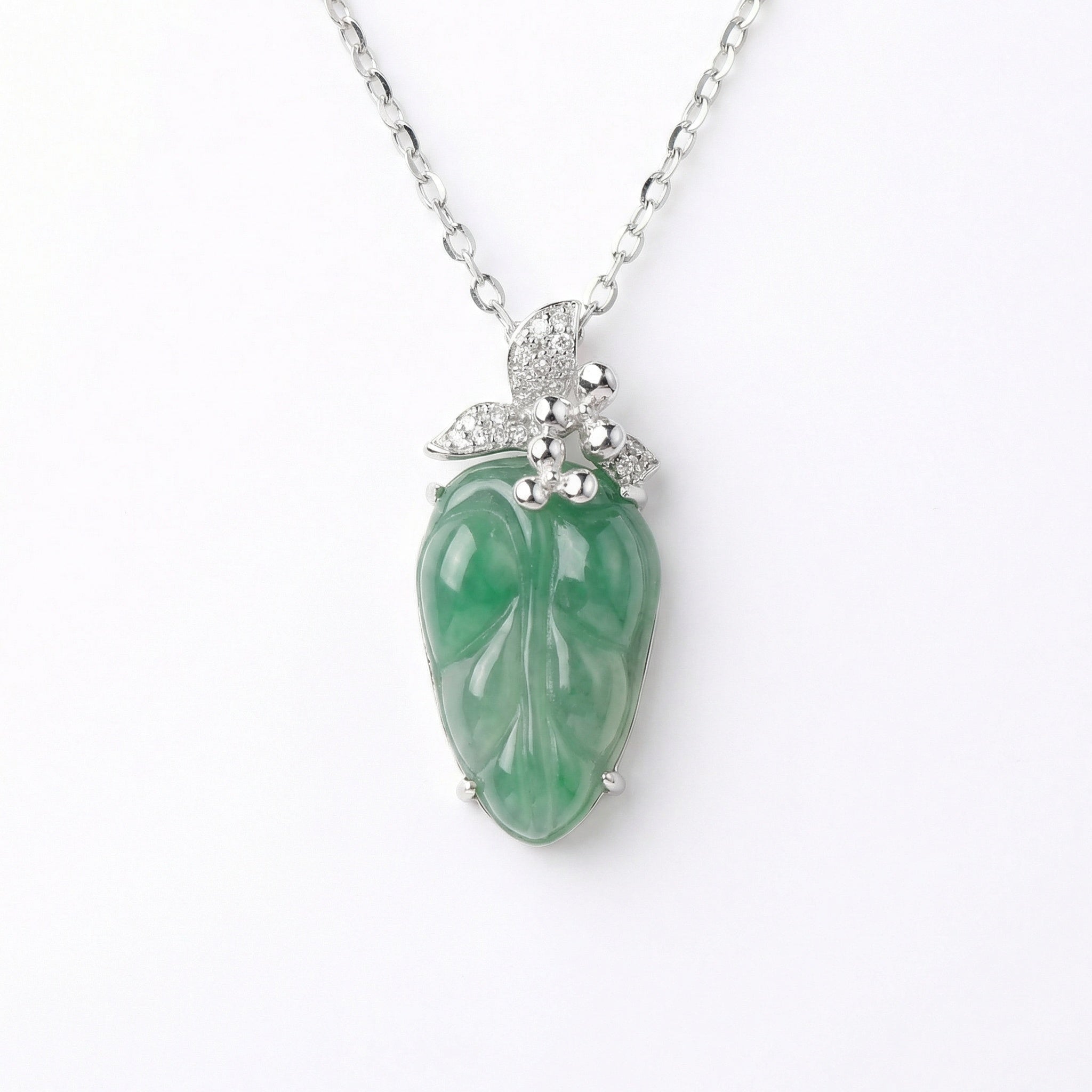 Green Jade Leaf Pendant Necklace | 925 Sterling Silver & Crystal Accents