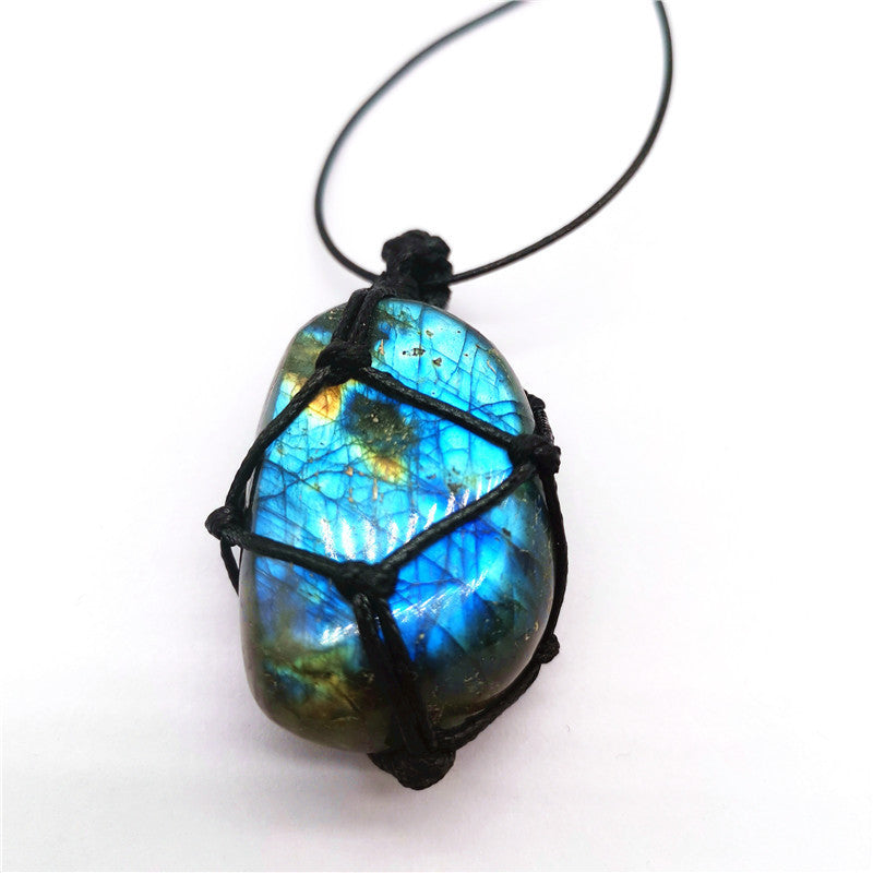 Natural Moonstone Labradorite Net Bag Pendant Necklace