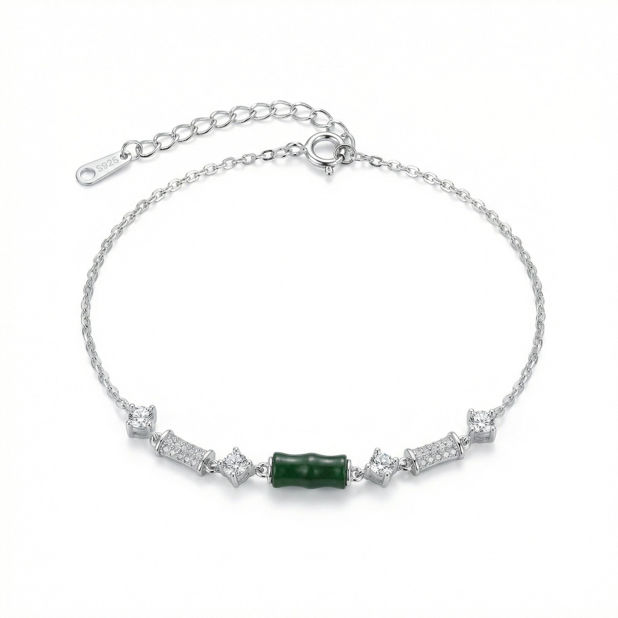 Green Bamboo Bead Bracelet | 925 Sterling Silver & Cubic Zirconia