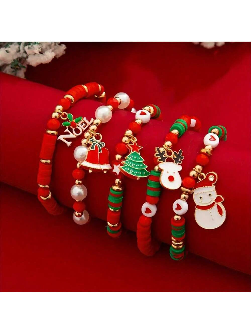 Christmas Elk Polymer Clay Bracelets Set Six Pack Cute