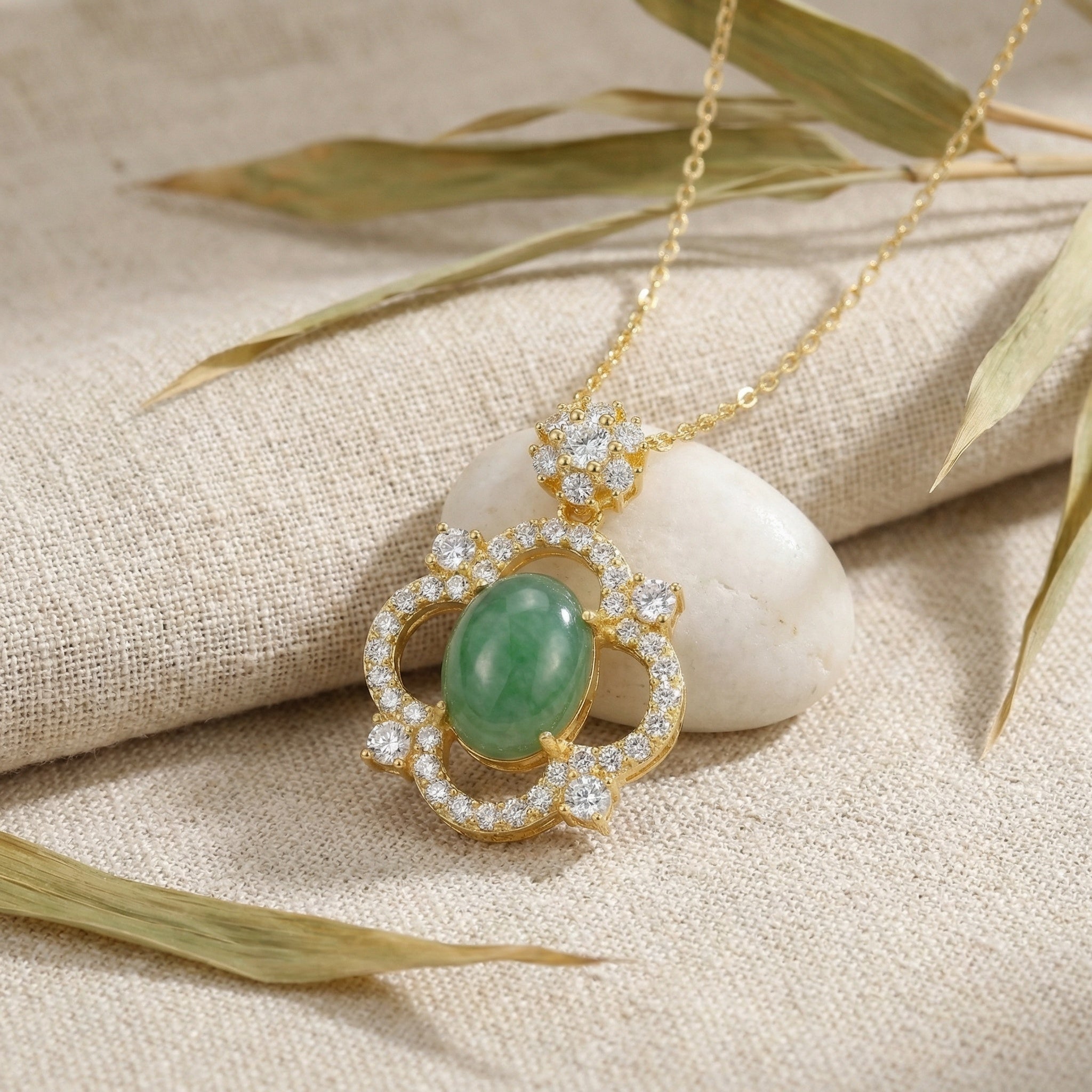 925 Sterling Silver Ornate Green Jade Cabochon Pendant with Brilliant Diamond Halo on a Classic Chain