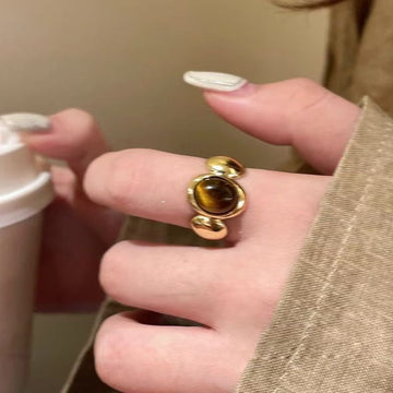 Tiger Eye Open Ring – Gold Plated Boho Statement Band for Women
