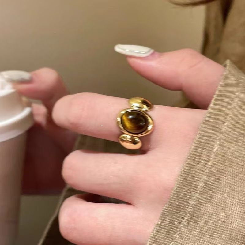 Tiger Eye Open Ring – Gold Plated Boho Statement Band for Women