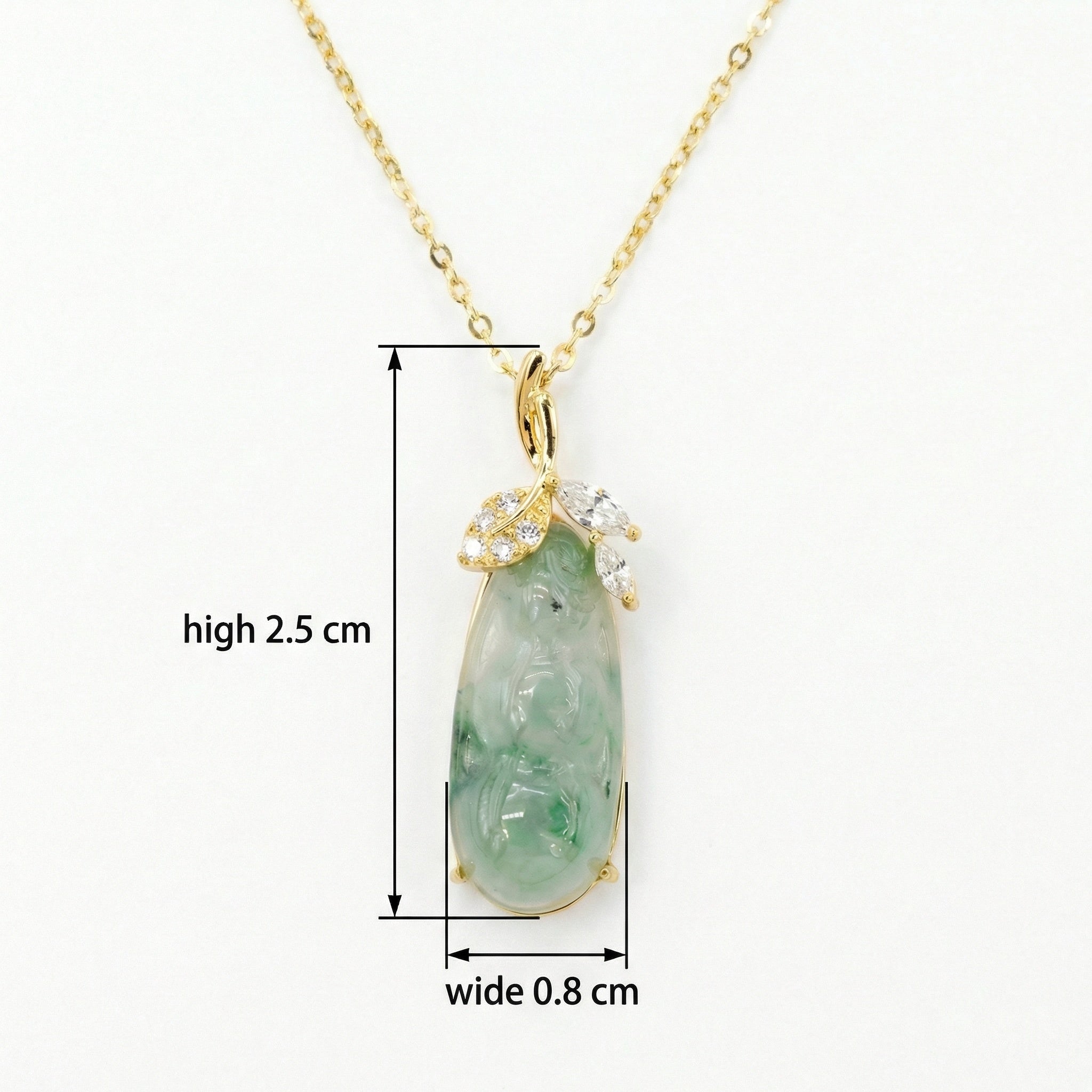 Green Jadeite Carved Pendant Necklace – 925 Sterling Silver with Sparkling Leaf Accents