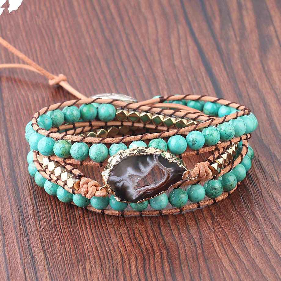 Natural Turquoise & Striped Agate Braided Bracelet