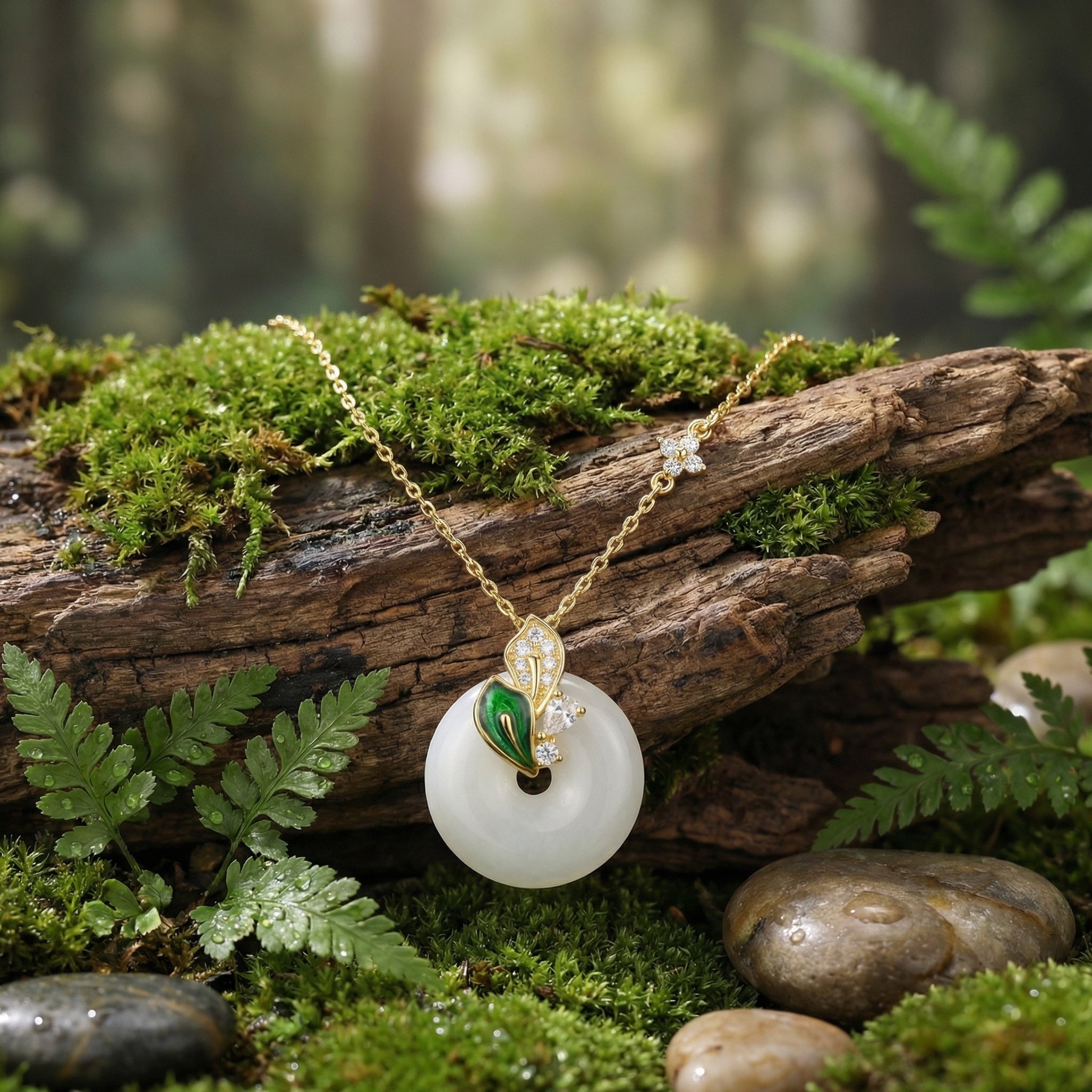 Hetian White Jade Disc Necklace — 925 Sterling Silver | Green Enamel Leaf