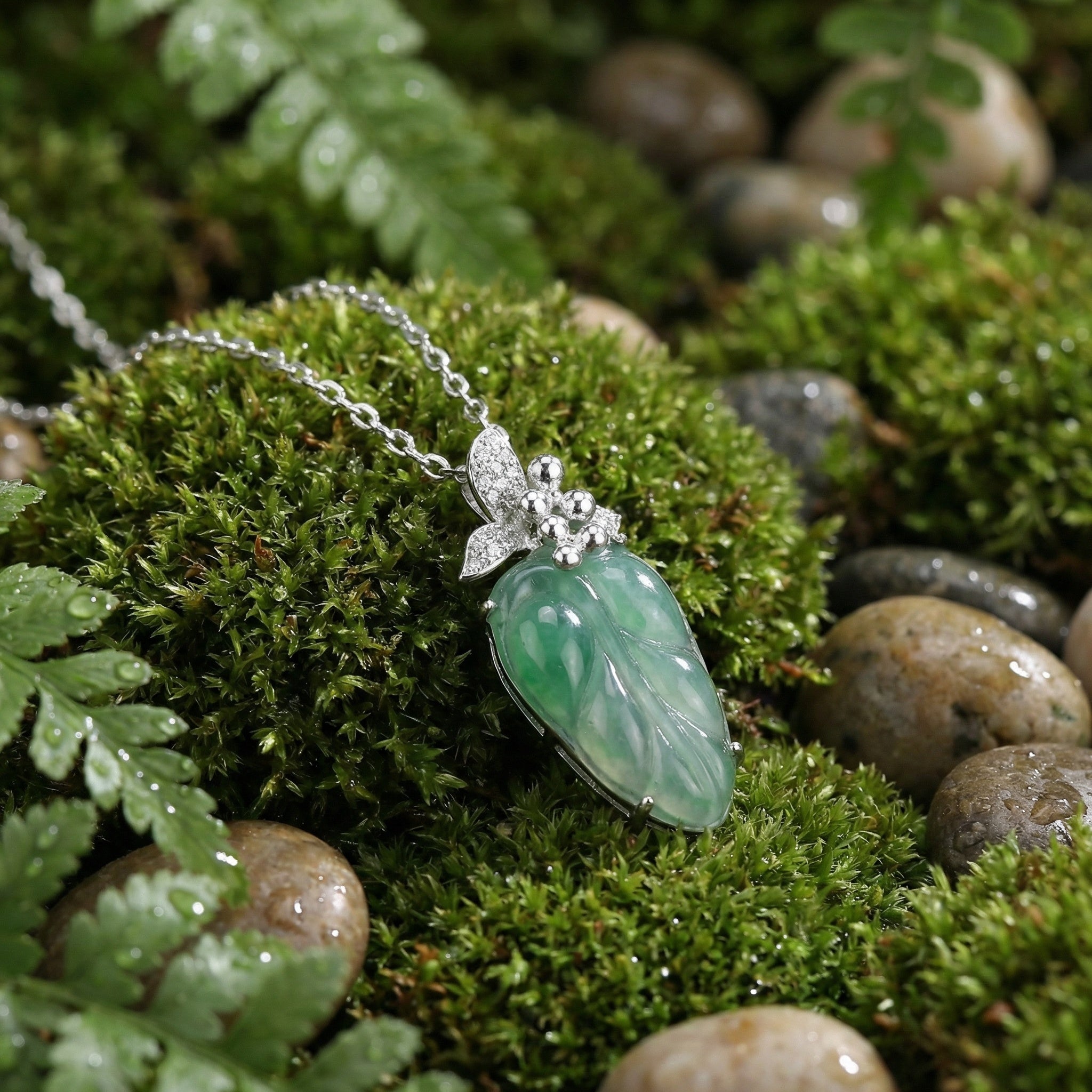 Green Jade Leaf Pendant Necklace | 925 Sterling Silver & Crystal Accents