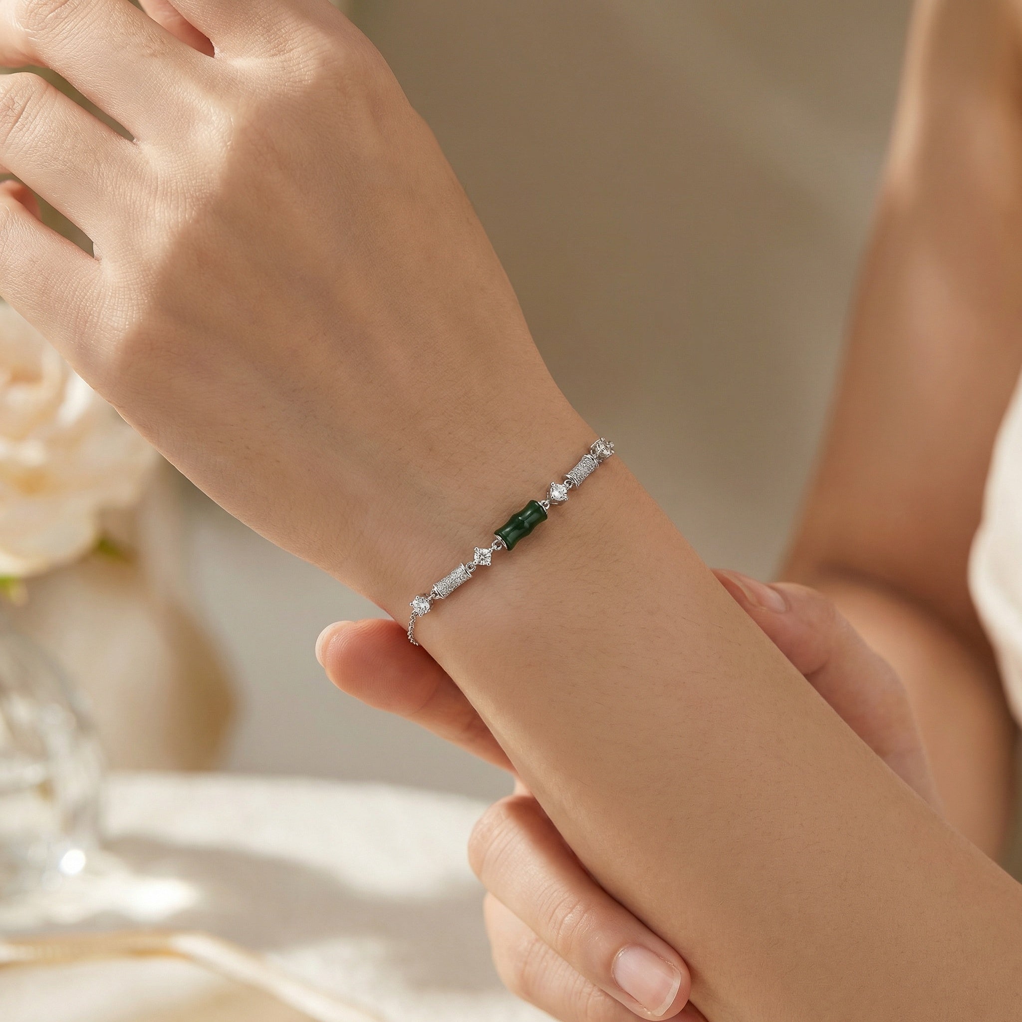 Green Bamboo Bead Bracelet | 925 Sterling Silver & Cubic Zirconia