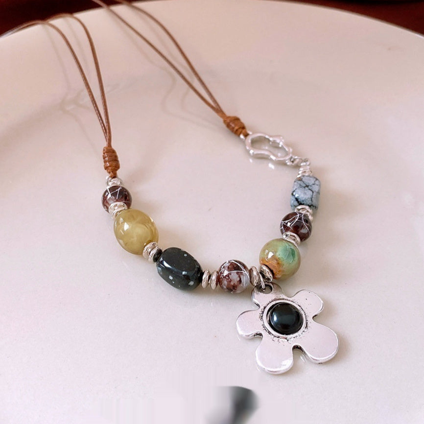 Flower Resin Necklace Clavicle Chain Brown Silver Black