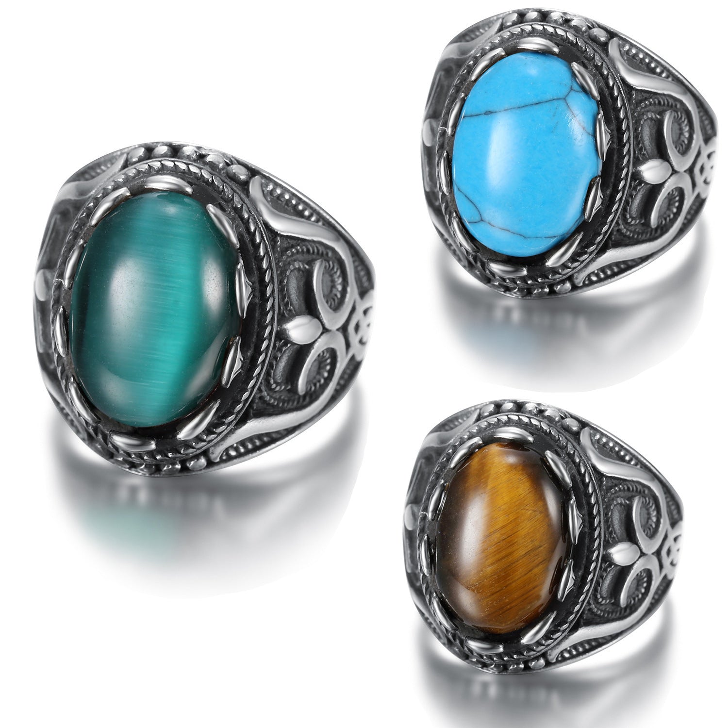 Mens Simple Oval Stainless Steel Gemstone Ring Zircon