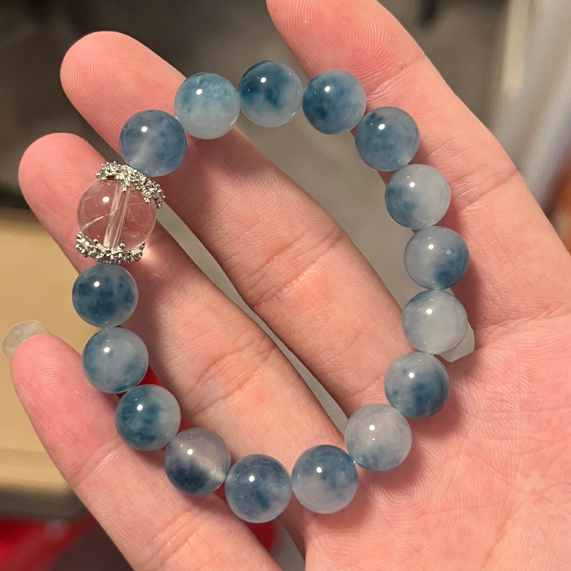 White Crystal Ink Blue Floating Flower Aquamarine Bracelet