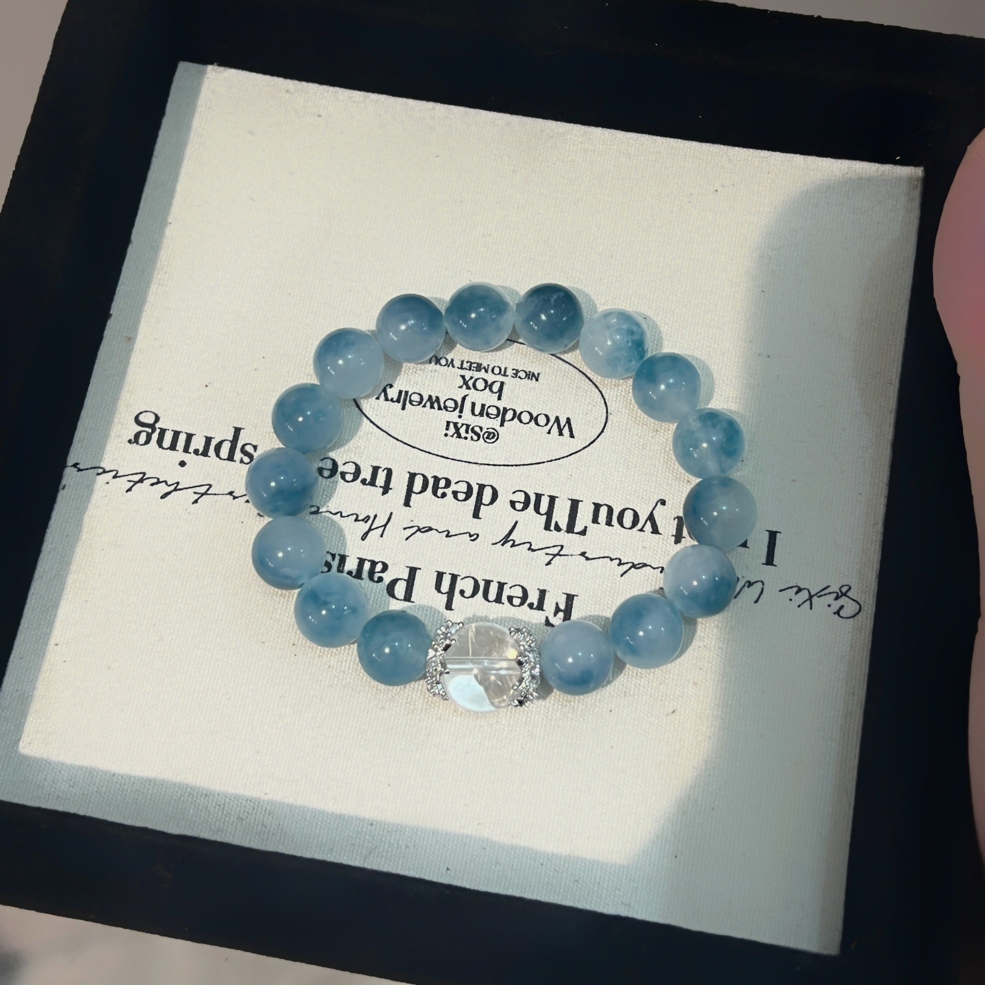 White Crystal Ink Blue Floating Flower Aquamarine Bracelet