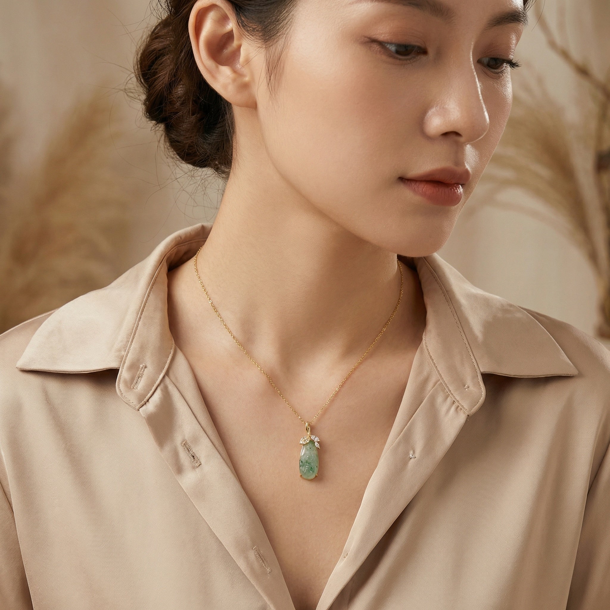 Green Jadeite Carved Pendant Necklace – 925 Sterling Silver with Sparkling Leaf Accents