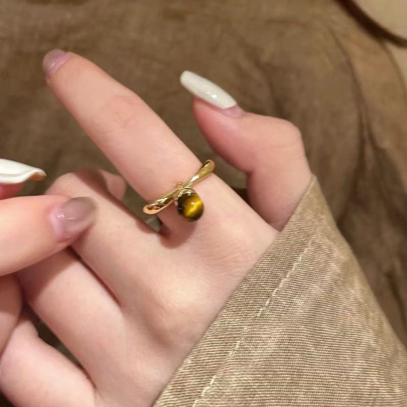 Tiger Eye Open Ring – Gold Plated Boho Statement Band for Women
