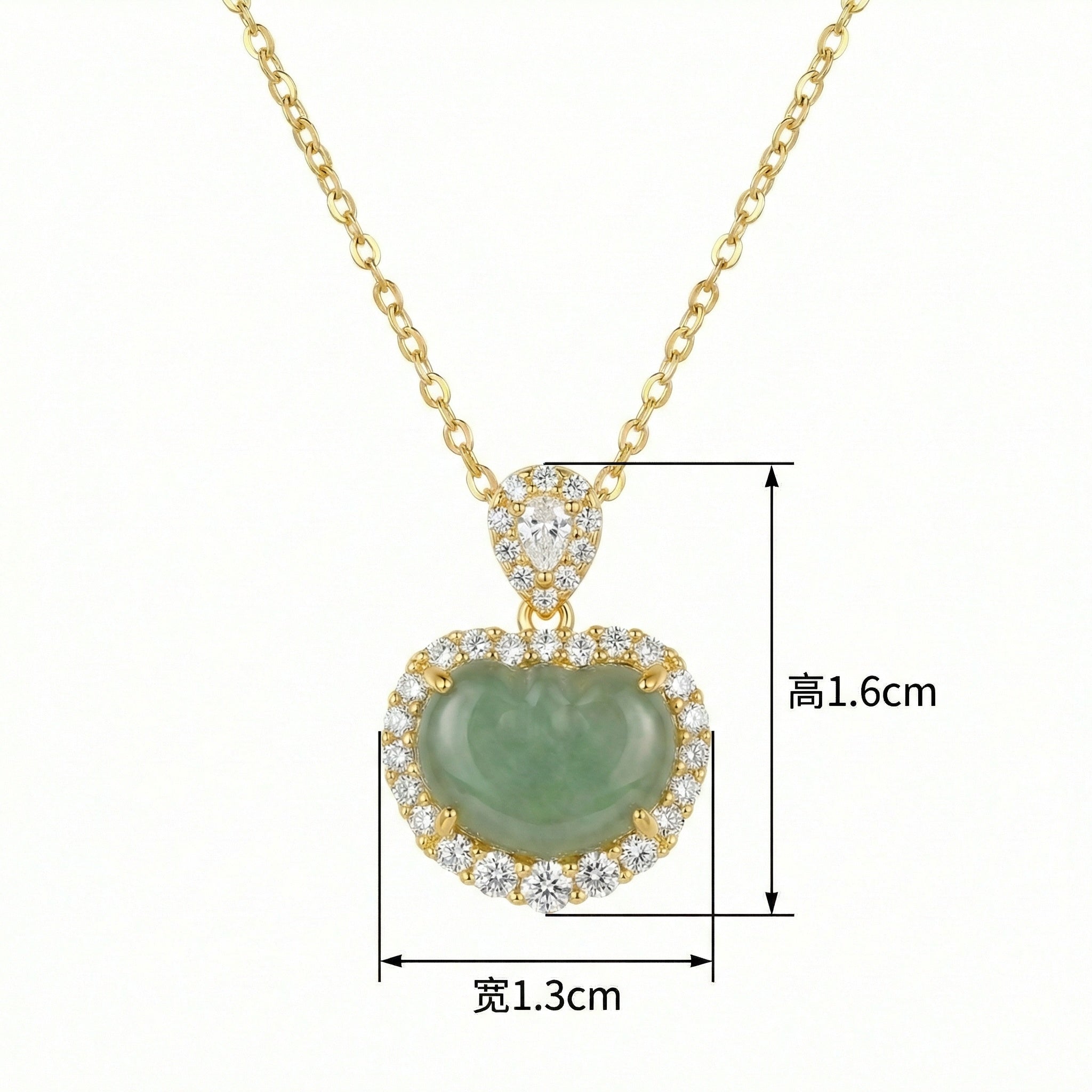 925 Sterling Silver Elegant Heart-Shaped Green Jadeite Pendant Necklace with Radiant Diamond Halo