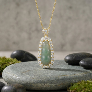 Green Jadeite Pea Pod Pendant Necklace — 925 Sterling Silver | Gemstone Halo