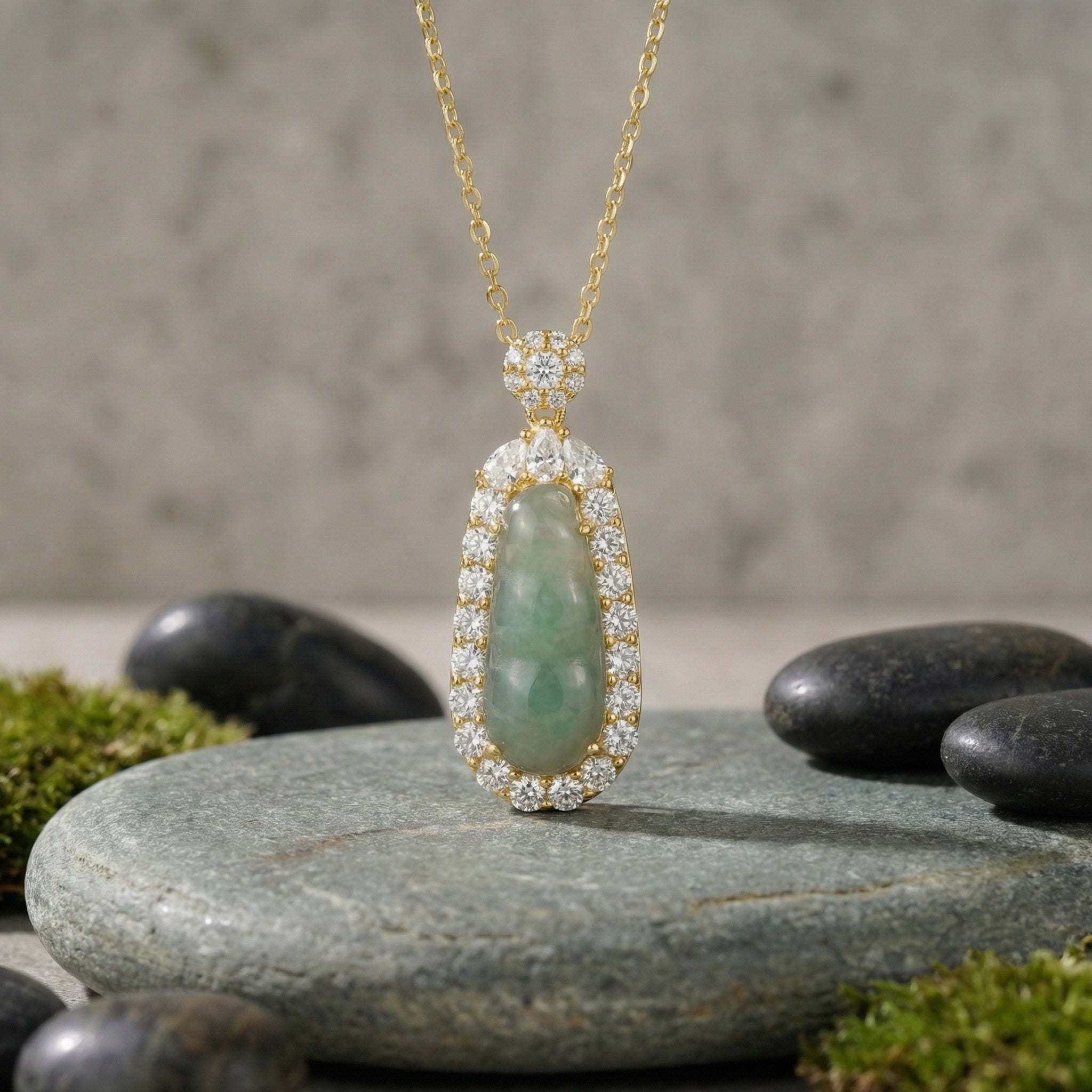 Green Jadeite Pea Pod Pendant Necklace — 925 Sterling Silver | Gemstone Halo