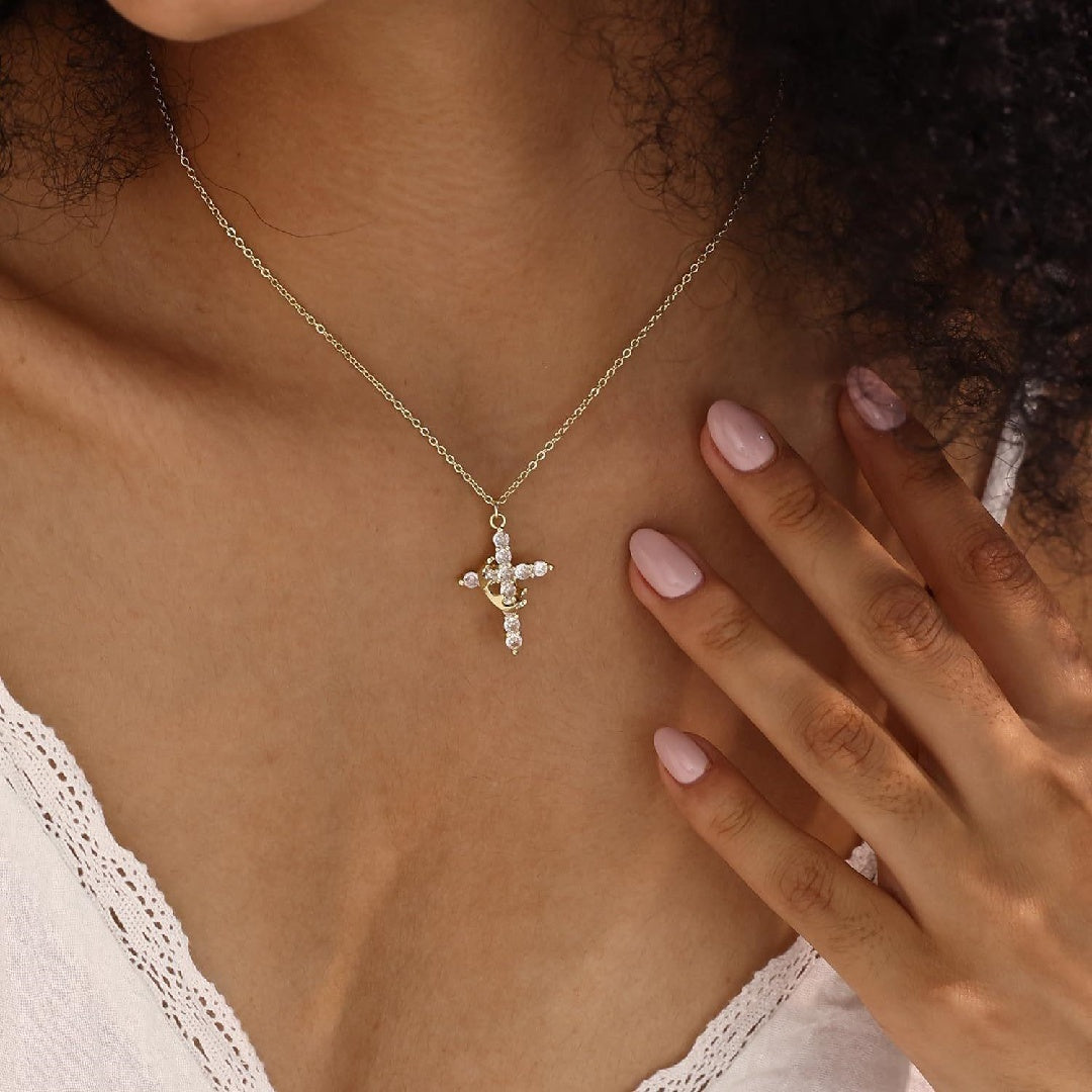 Crown And Cross Pendant Necklace For Women Men Girls