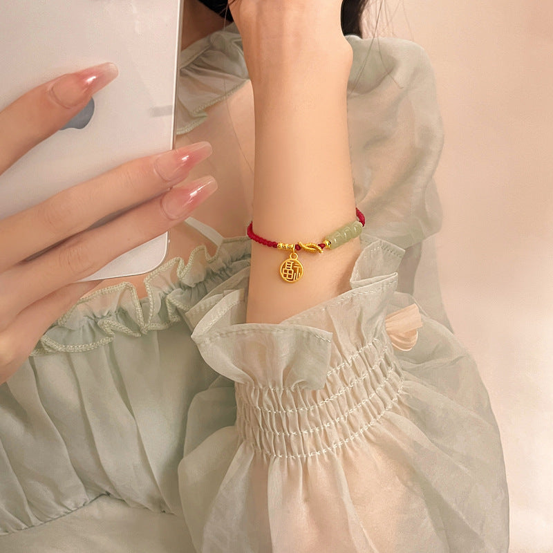 Braccialetto da donna in corda rossa con carta di benedizione in giada oro alluvionale