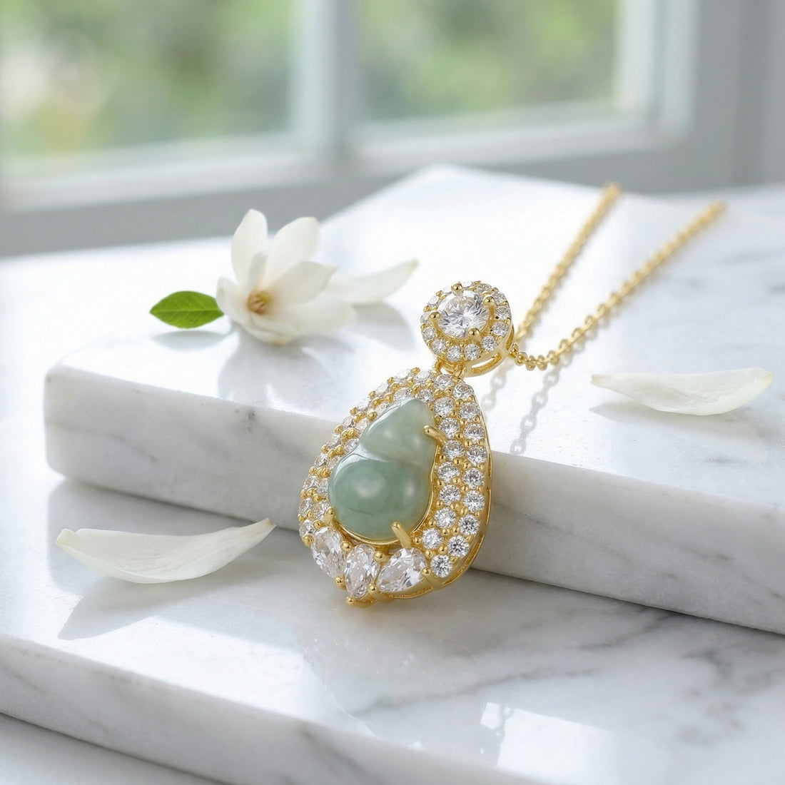 Green Jadeite Gourd Pendant Necklace | 925 Sterling Silver & Crystal Halo