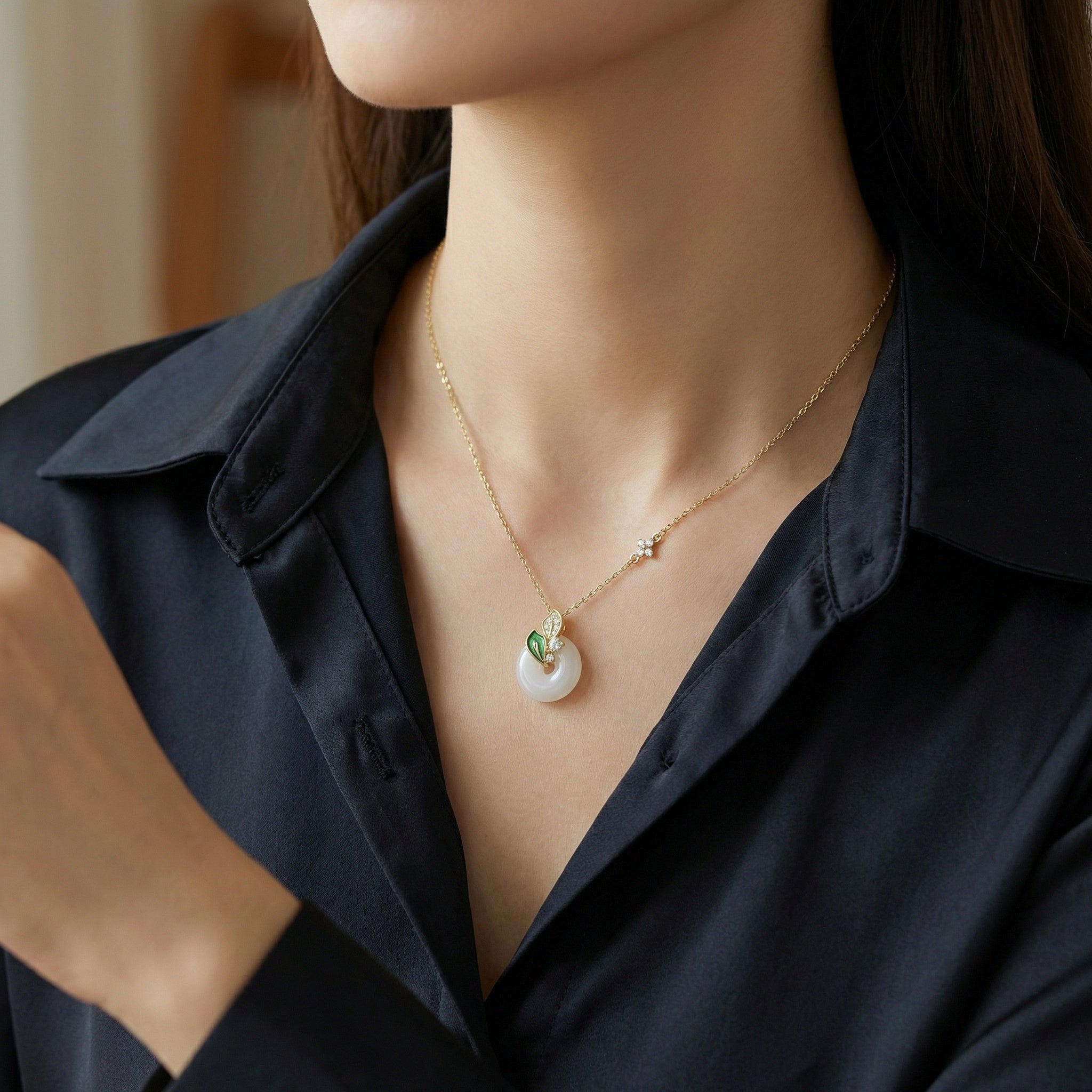 Hetian White Jade Disc Necklace — 925 Sterling Silver | Green Enamel Leaf