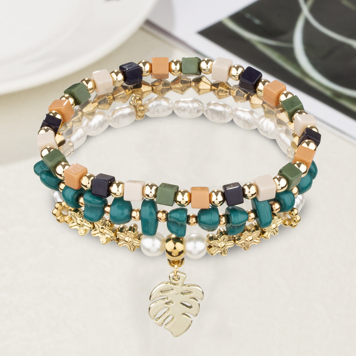 Tinkers Pearl Leaf Pendant Bracelet Set Exclusive Handcrafted - 0