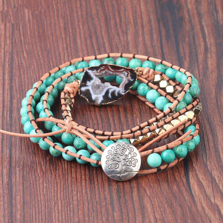 Natural Turquoise & Striped Agate Braided Bracelet