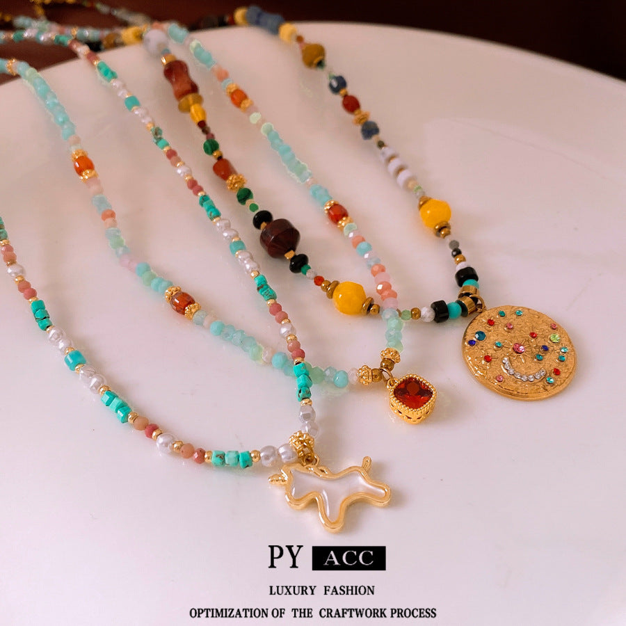 Colorful Imitation Pearl Pendant Necklace Clavicle Chain