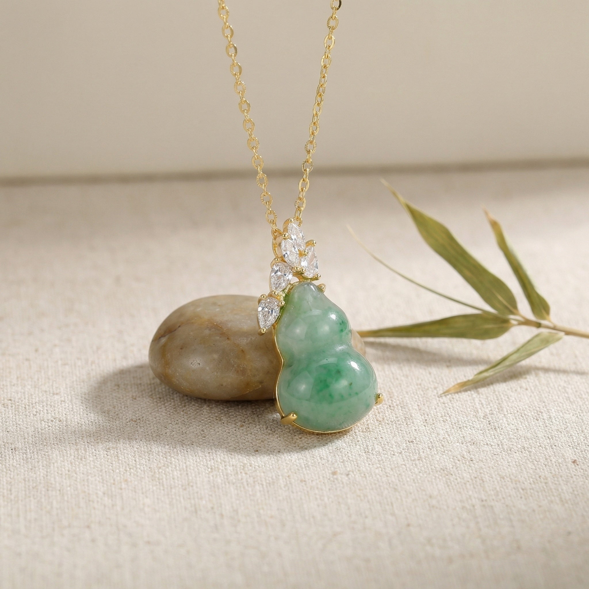 Green Jadeite Hulu Pendant Necklace — 925 Sterling Silver | Marquise Accents