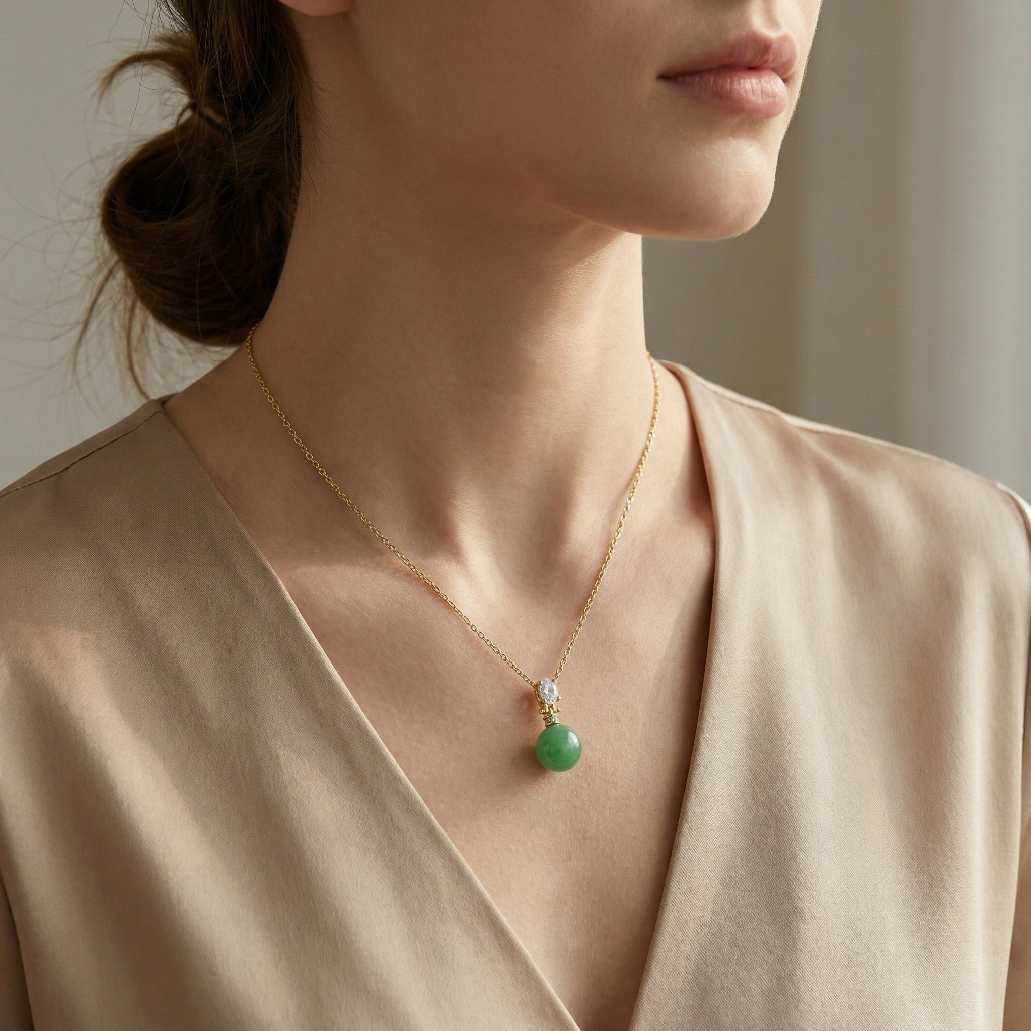 Green Jade Sphere Pendant Necklace — 925 Sterling Silver | Oval Gemstone