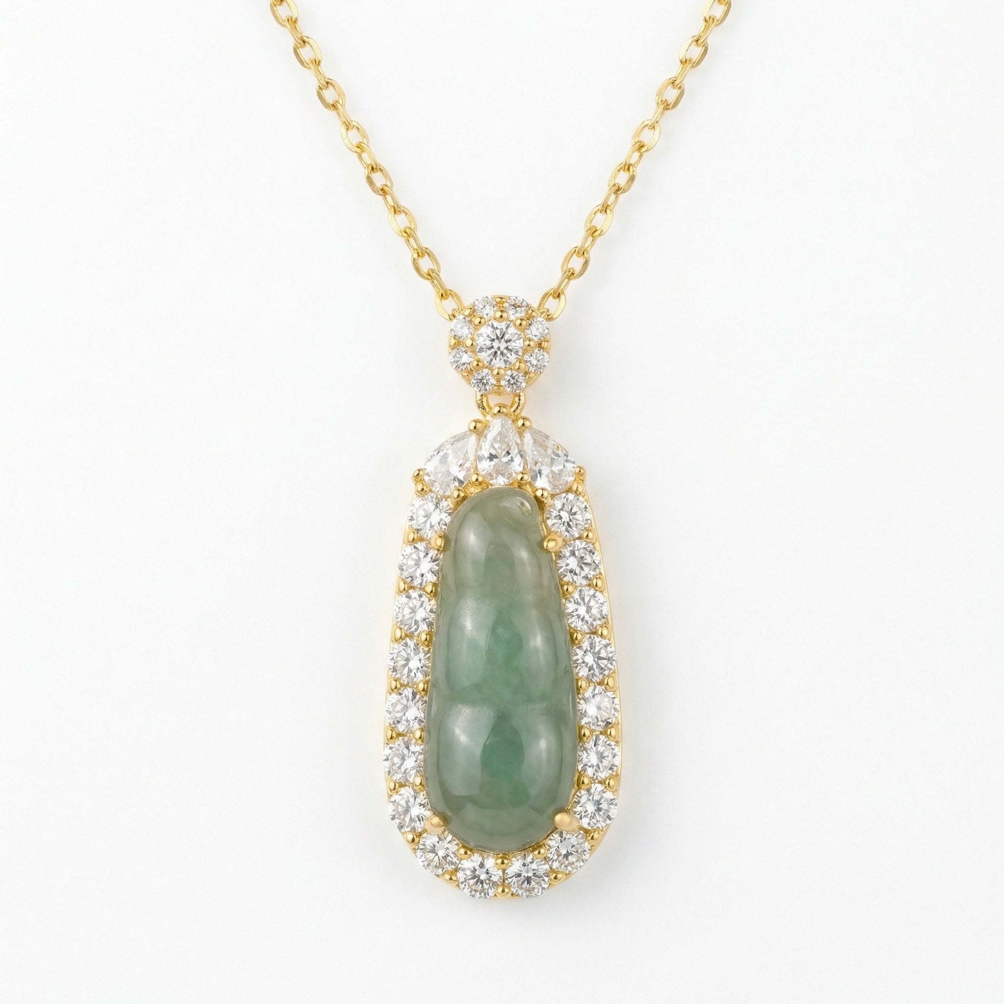 Green Jadeite Pea Pod Pendant Necklace — 925 Sterling Silver | Gemstone Halo