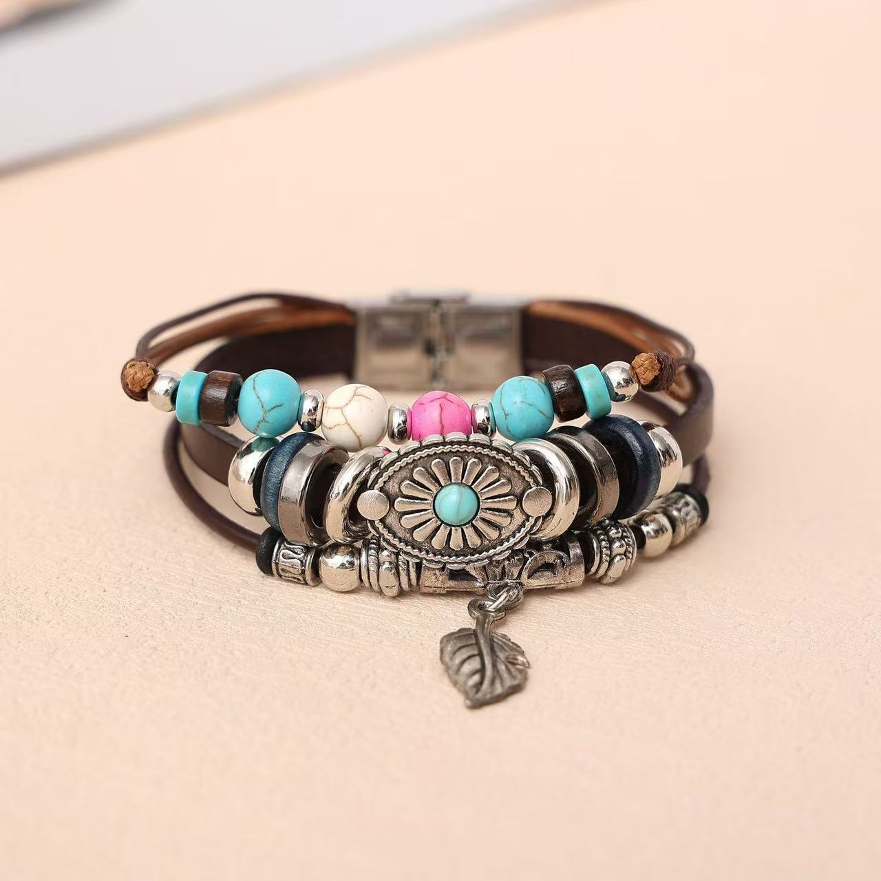 Turquoise Leaf Leather Bracelet by Tinkers - Calming Energy
