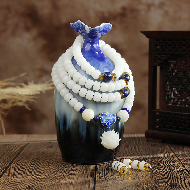 Tinkers Tinkers White Jade Bodhi Beads Bracelet Cloisonne Lotus Ltd - 0