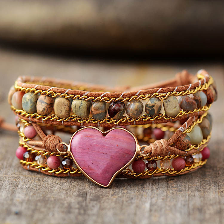 Natural Stone Heart Bracelet – 3-Layer Hand-Woven Leather Friendship Cuff