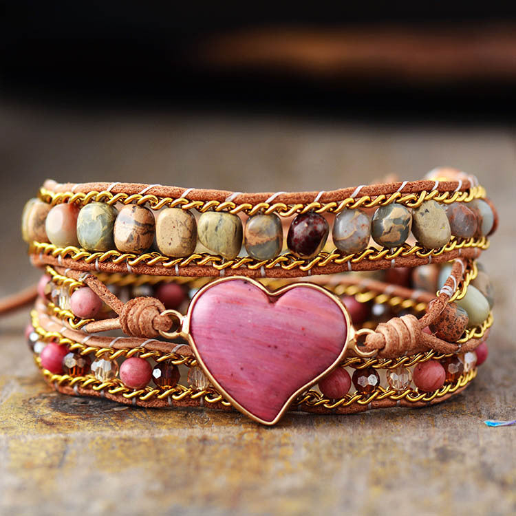 Natural Stone Heart Bracelet – 3-Layer Hand-Woven Leather Friendship Cuff