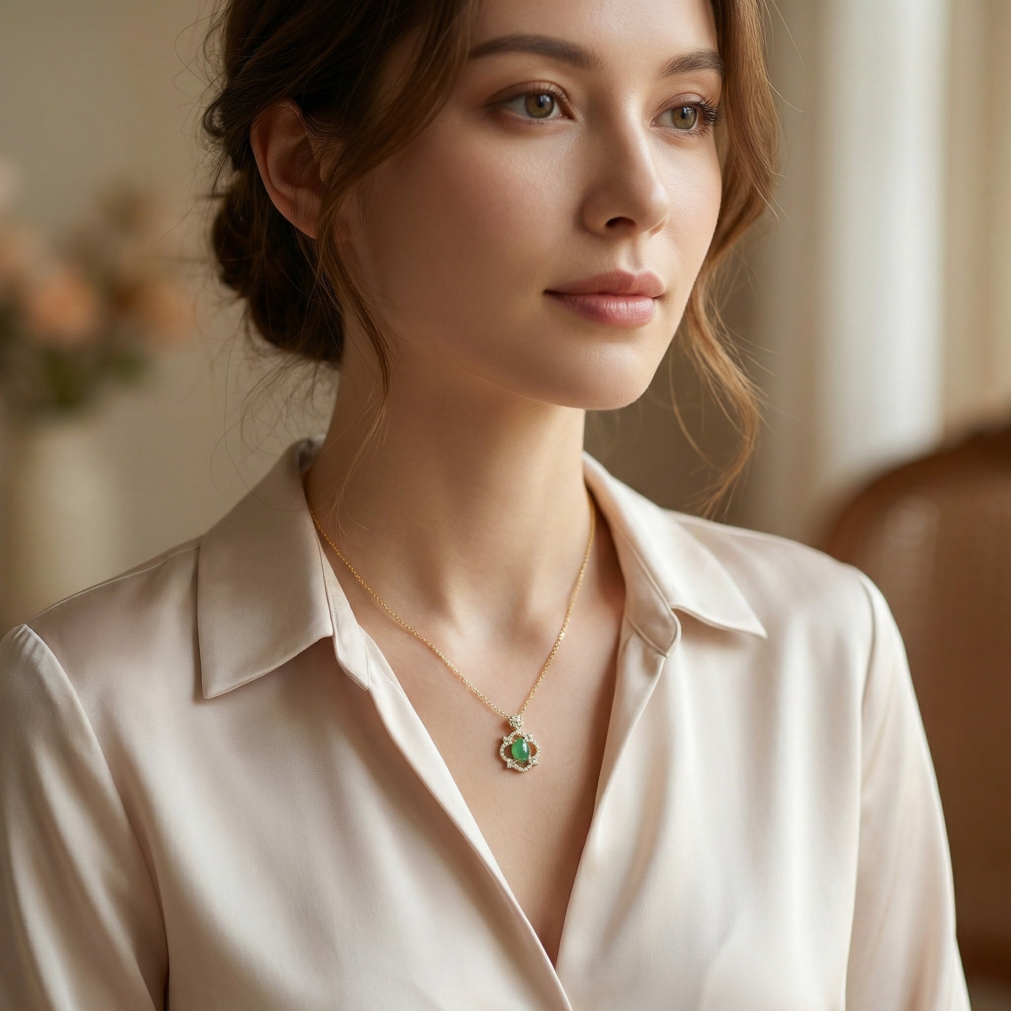 925 Sterling Silver Ornate Green Jade Cabochon Pendant with Brilliant Diamond Halo on a Classic Chain