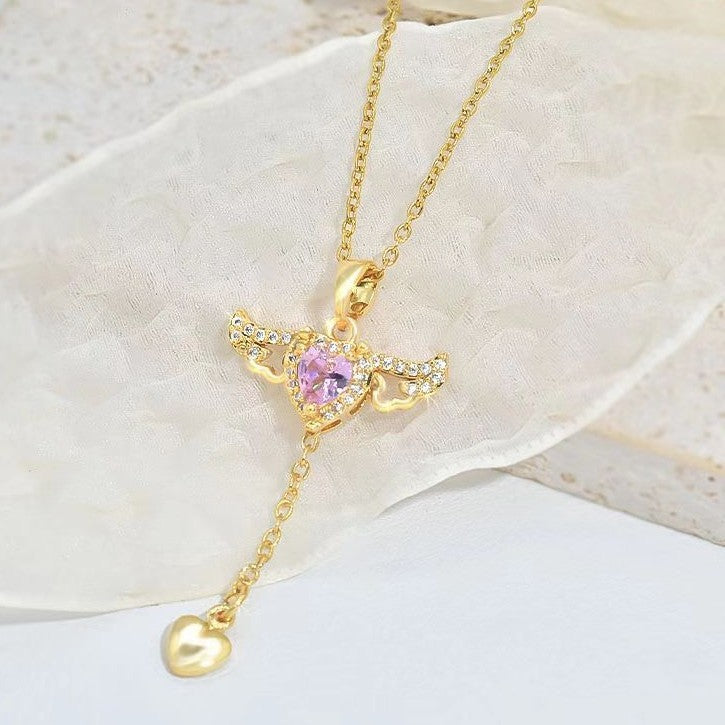 Moving Cupid Heart Angel Wings Tassel Necklace With Crystal