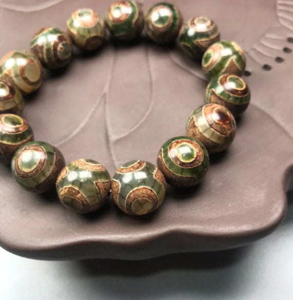 Green Three Eye Agate Tibet Beads Mens Bracelet 14mm