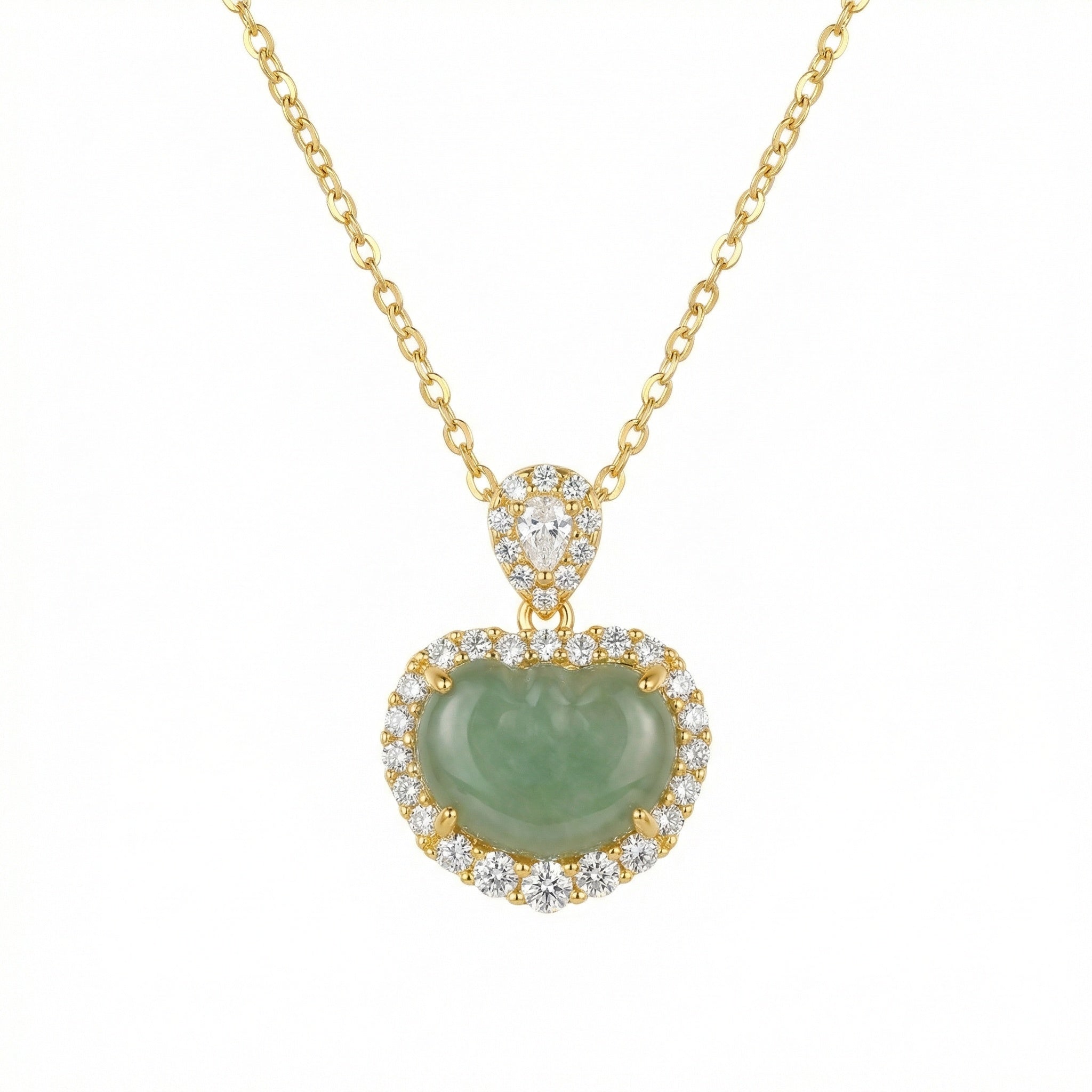 925 Sterling Silver Elegant Heart-Shaped Green Jadeite Pendant Necklace with Radiant Diamond Halo