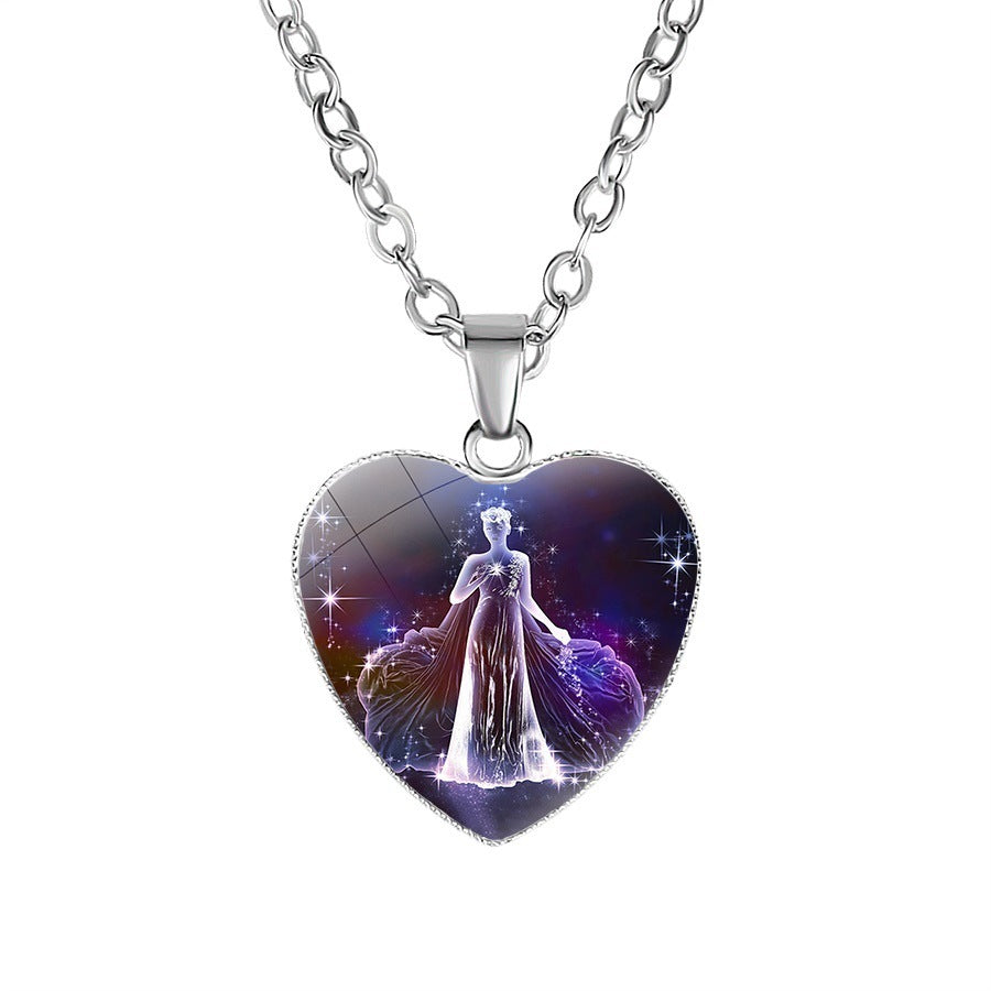 Women's Zodiac Heart Pendant Necklace With 12 Constellations