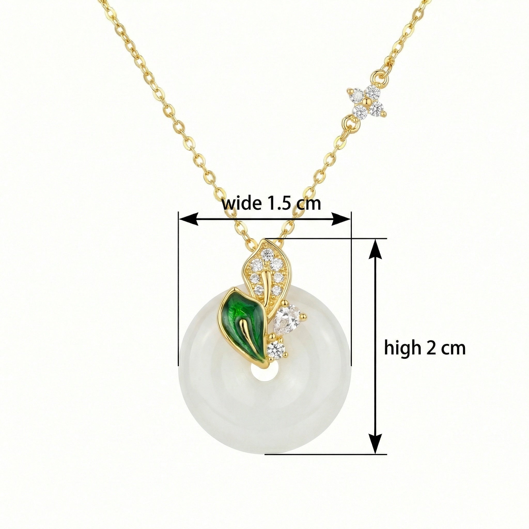 Hetian White Jade Disc Necklace — 925 Sterling Silver | Green Enamel Leaf