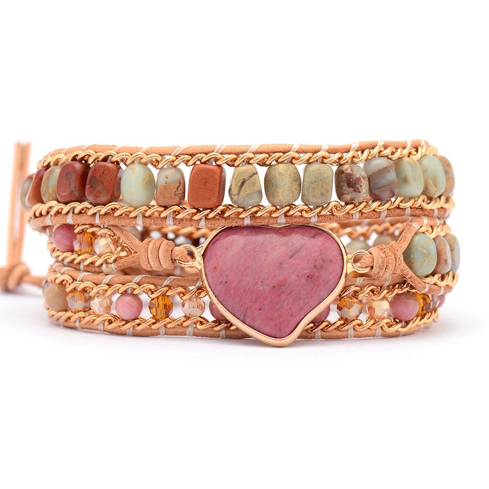Natural Stone Heart Bracelet – 3-Layer Hand-Woven Leather Friendship Cuff