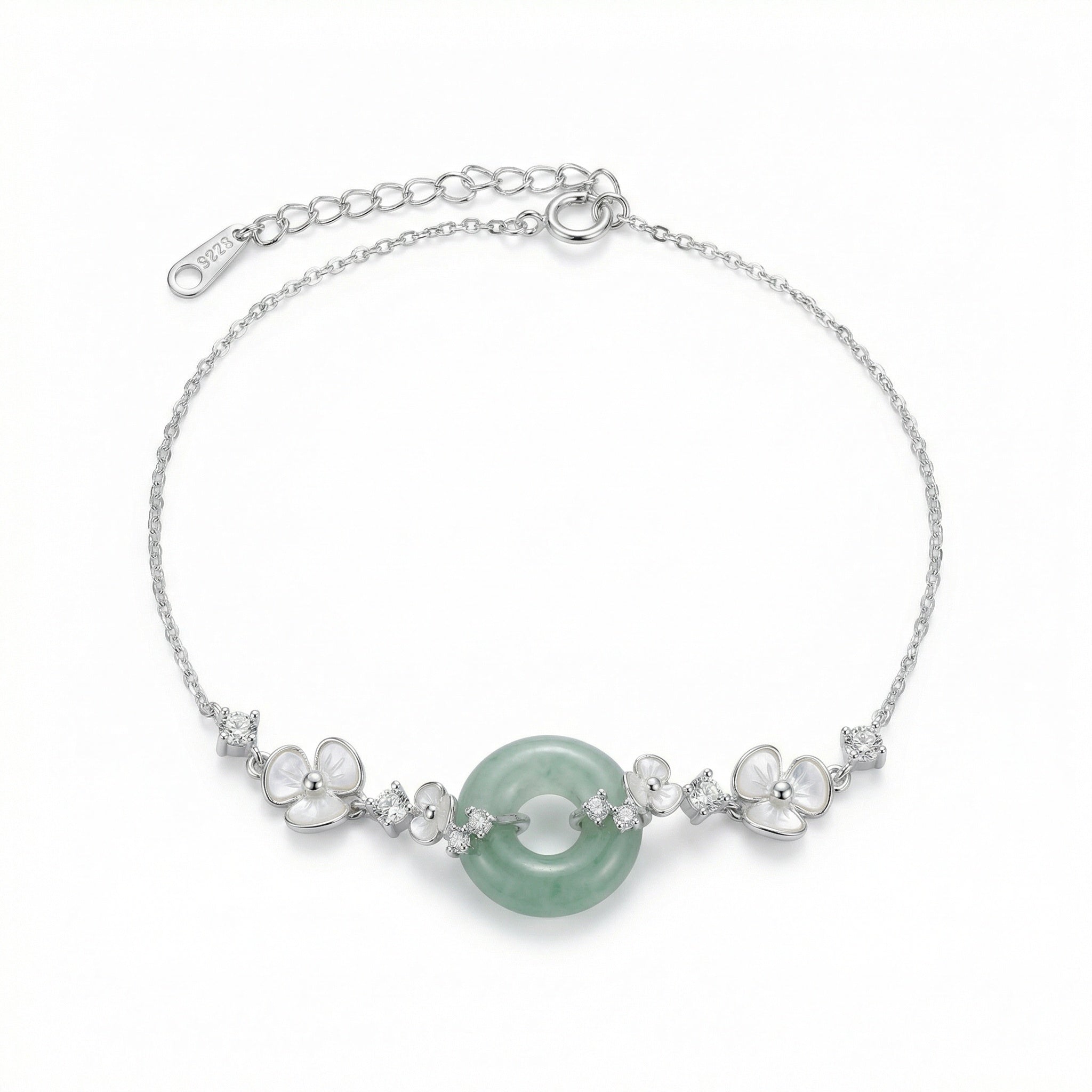 925 Sterling Silver Elegant S925 Sterling Silver Bracelet with Green Jade Ring and White Floral Charms