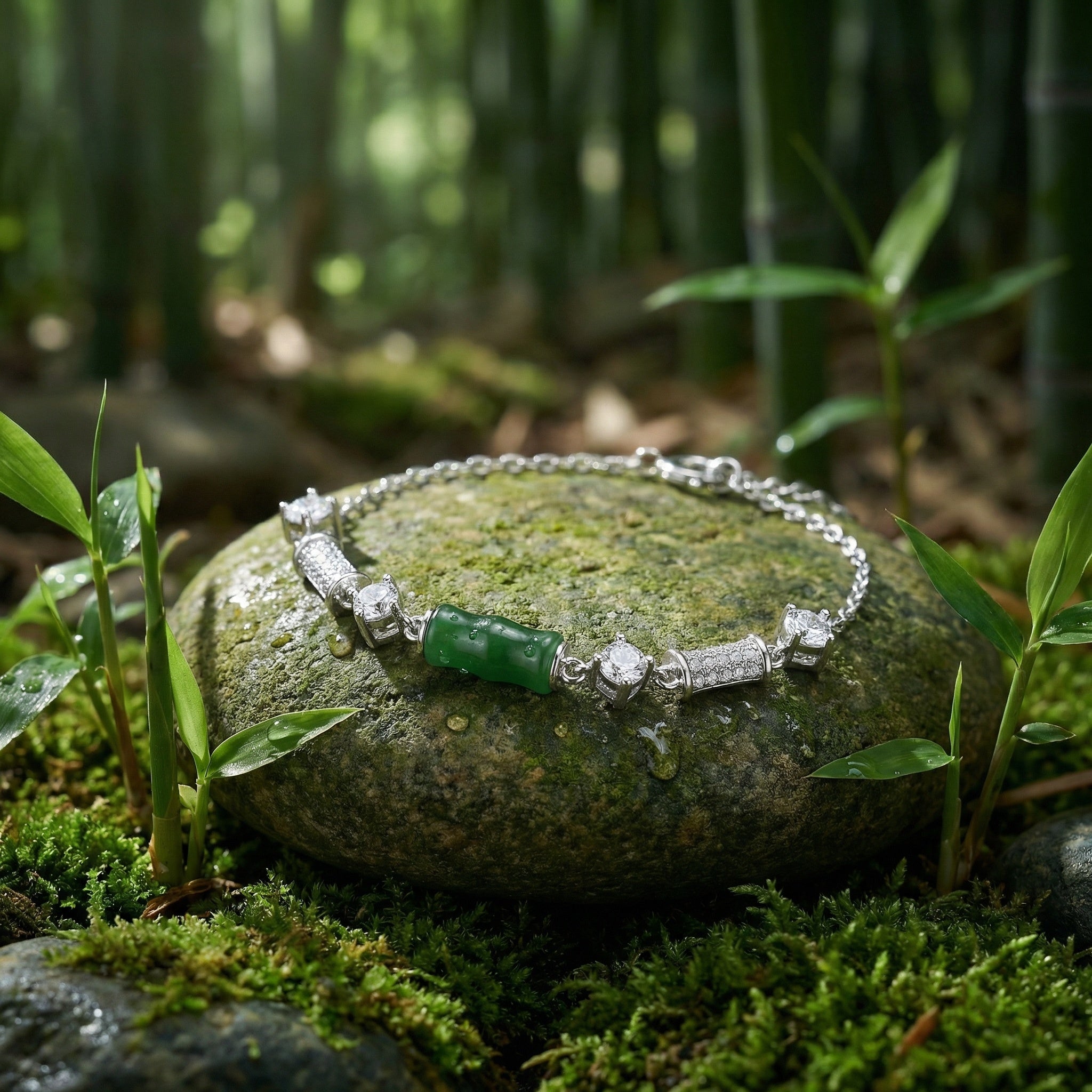 Green Bamboo Bead Bracelet | 925 Sterling Silver & Cubic Zirconia